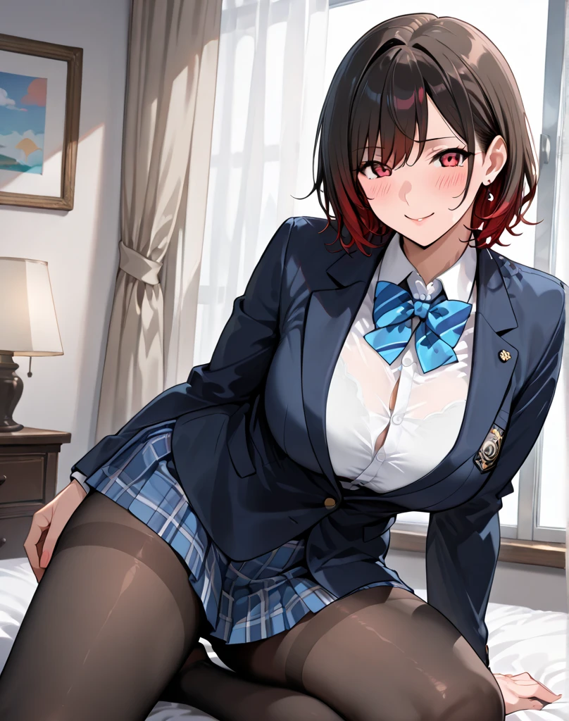 high quality,masterpiece。Cute brown-haired woman,high school girl,The hairstyle is short hair,bob cut。She stands upright with her face and body facing the viewer,true identity。her hands are empty,Both hands are not posed。she looks tall。Her breasts are huge and very big,Good style。she is smiling with a cute face,Both eye colors are green。Clothes: dark blue school uniform,navy blue blazer,navy blue skirt。black stockings on both legs。she is standing,The place I'm standing is the classroom。