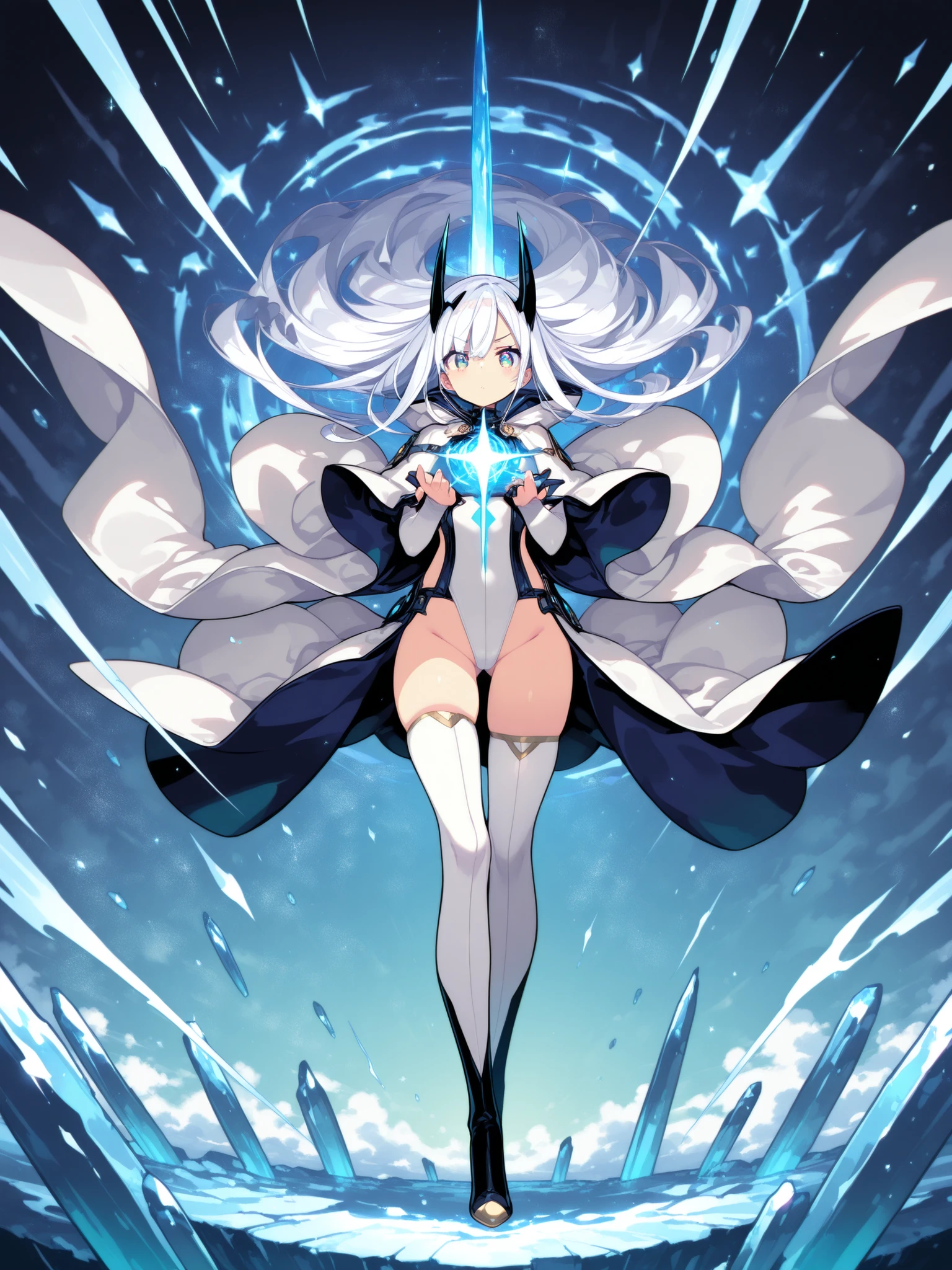 masterpiece, best quality, full body,1 girl,best quality,heroic pose,dynamic angle,dynamic background,with epic ice effect,ice magic,a powerful sorcerer casting a massive spell, dynamic pose, energy swirling around him, glowing magical runes, volumetric lighting, particles flying toward the viewer, bursting forward with energy, coming out of the frame, cinematic lighting, high contrast, fantasy trading card illustration