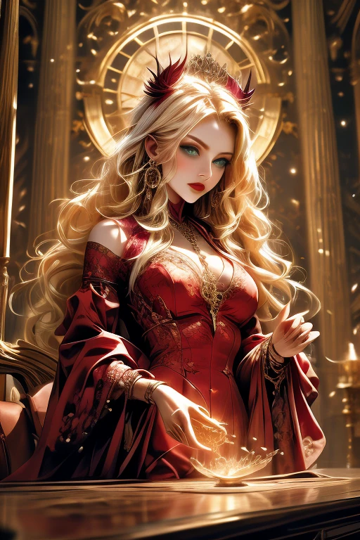 (masterpiece, best quality, ultra-detailed:1.2), 1girl, perfect curves, (g0ld3mb, gold:1.1), (glimmering galaxy dress:1.1), long straight blonde hair, laced hair, wrapped in white silk, (red background:1.2), riding a wolf