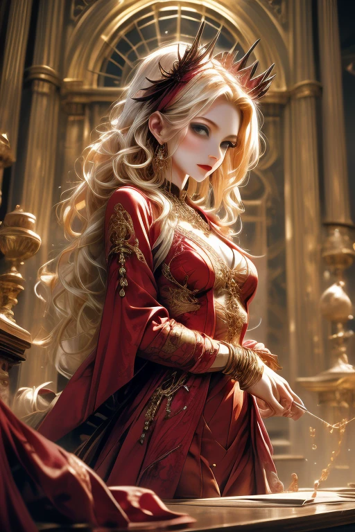 Extremely long straight blonde hair that goes down to my legs, sensual green eyes, red Cambodian princess dress, gold accessories, villainous expression, light makeup, long nails