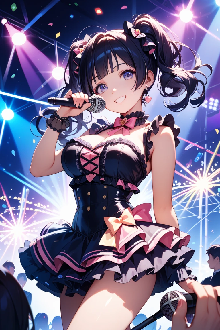 (Anime style:1.3), (Realistic, Photorealistic: 1.37), (Masterpiece, Best Quality: 1.37), (Ultra High Resolution: 1.2), (RAW Photo: 1.2), (Sharp Focus: 1.3), (Face Focus: 1.2), (Ultra Detailed CG Unified 8k Wallpaper: 1.2), (Beautiful Skin: 1.2), (pale Skin: 1.3), (Hyper Sharp Focus: 1.5), (Ultra Sharp Focus: 1.5), ( Beautiful pretty face: 1.3), (Japanese actress face:1.3), (super detailed background, detail background: 1.3), masterpiece, best quality, high res, ultra detailed, hyper sharp, absurdres, detailed face, white skin, real human skin, (detailed face), oval face, pores, from below, low angle, looking down the viewer, ultra high res, (8k, RAW photo, photorealistic:1.4), BREAK, 1girl, slim, (large-breast:1.37, cleavage), Illustration of a scene in which an idol singer is singing enthusiastically on a live stage.
The idol singer is standing in the center of the stage.
The idol singer is wearing a mini-skirt and boots.
The idol singer has her hair up and is wearing a headset.
The idol singer is holding a microphone and singing.
The idol singer's expression is serious and powerful.
The singer's voice is strong and beautiful.
Fans are gathered around the stage.
Fans are singing and dancing along with the idol singers.
The venue is filled with excitement.
This illustration shows the passionate live performance of an idol singer. Fans are fascinated by the idol singer's voice and performance. The venue is filled with excitement and the idol singer's live performance is a success.