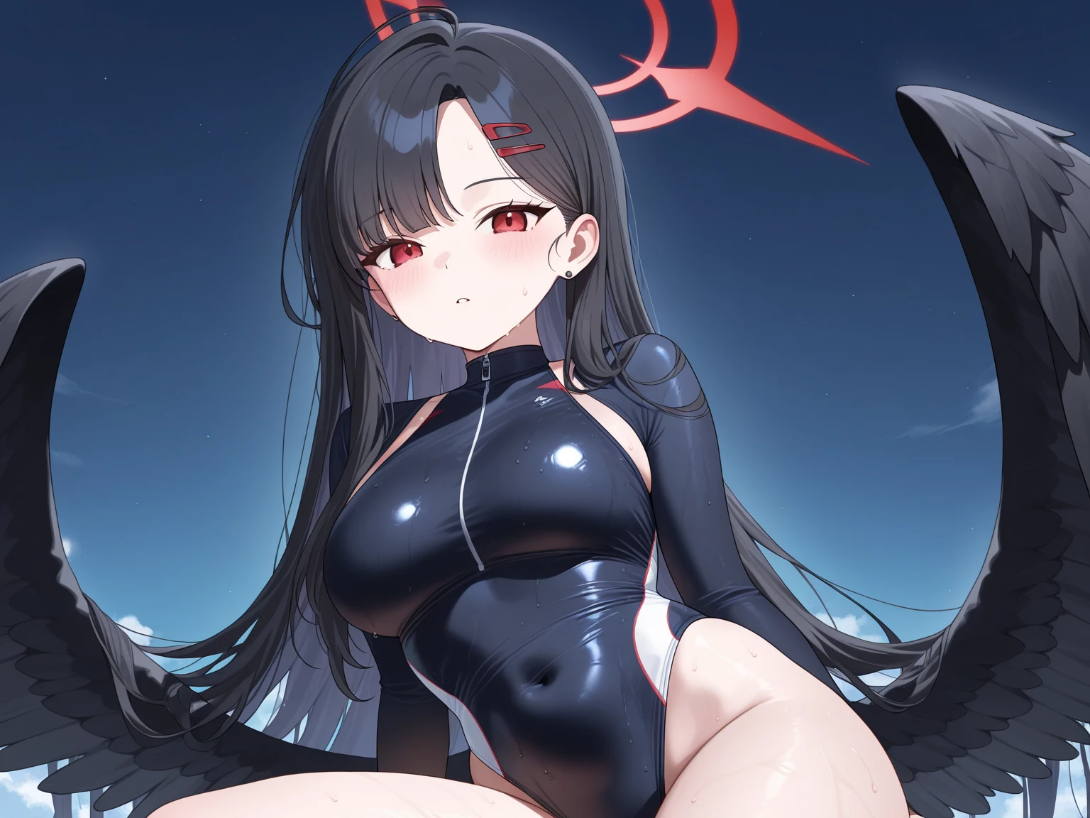 masterpiece, highest quality, 1 girl, looking at the viewer, blue eyes, closed mouth, (Urgent 1:0.7) ,black hair、(masterpiece),(highest quality:1.0), (ultra high resolution:1.0), Detail view, 8K, anime, masterpiece、provocative look　very big breasts　Fair skin　very fine eyes　show off your chest、,swaying chest, upper thigh、highest qualityの詳細な目,Tight-fitting clothes that highlight her perfect body ,A torn body suit grazes my chest, crush and transform、Beautiful shining nipples、Sunny steppe、