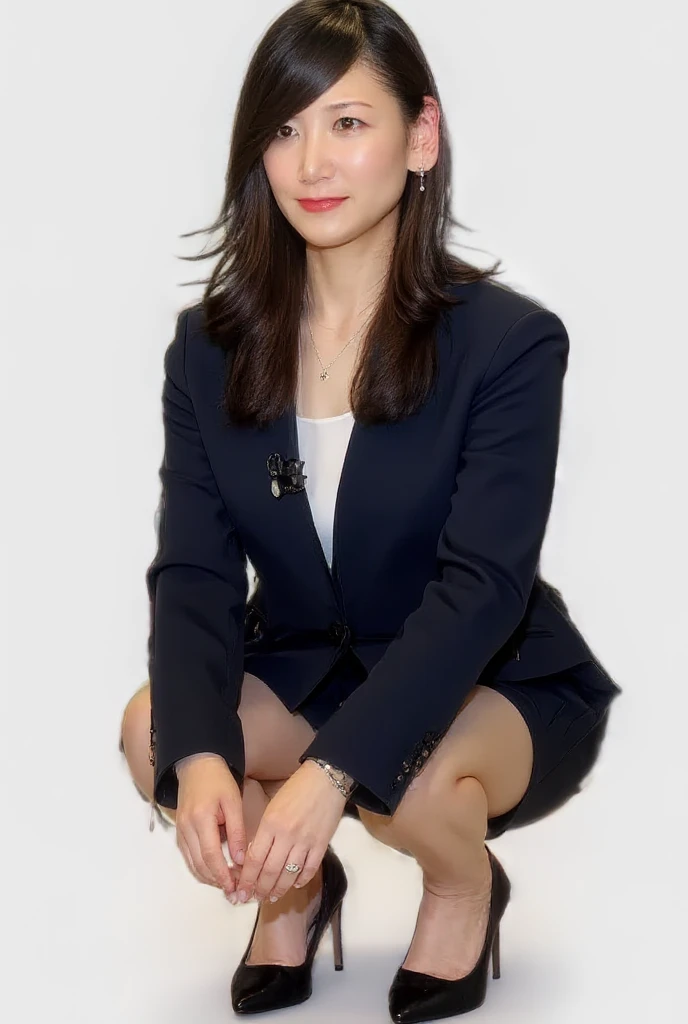 ((Realistic lighting, best qualtiy, 16k, tmasterpiece:1.3)), sharp fokus:1.2, young 17 years old,Beautiful Women with Perfect Figure:1.4, Slim abs:1.1, ((dark brown hair)), (Blue flight attendant suit,Blue flight attendant hat:1.4),(Plain background:1.1),Sit Pose,Nice looking high heels,Ultra-fine face,Fine eyes,二重まぶた, White legs