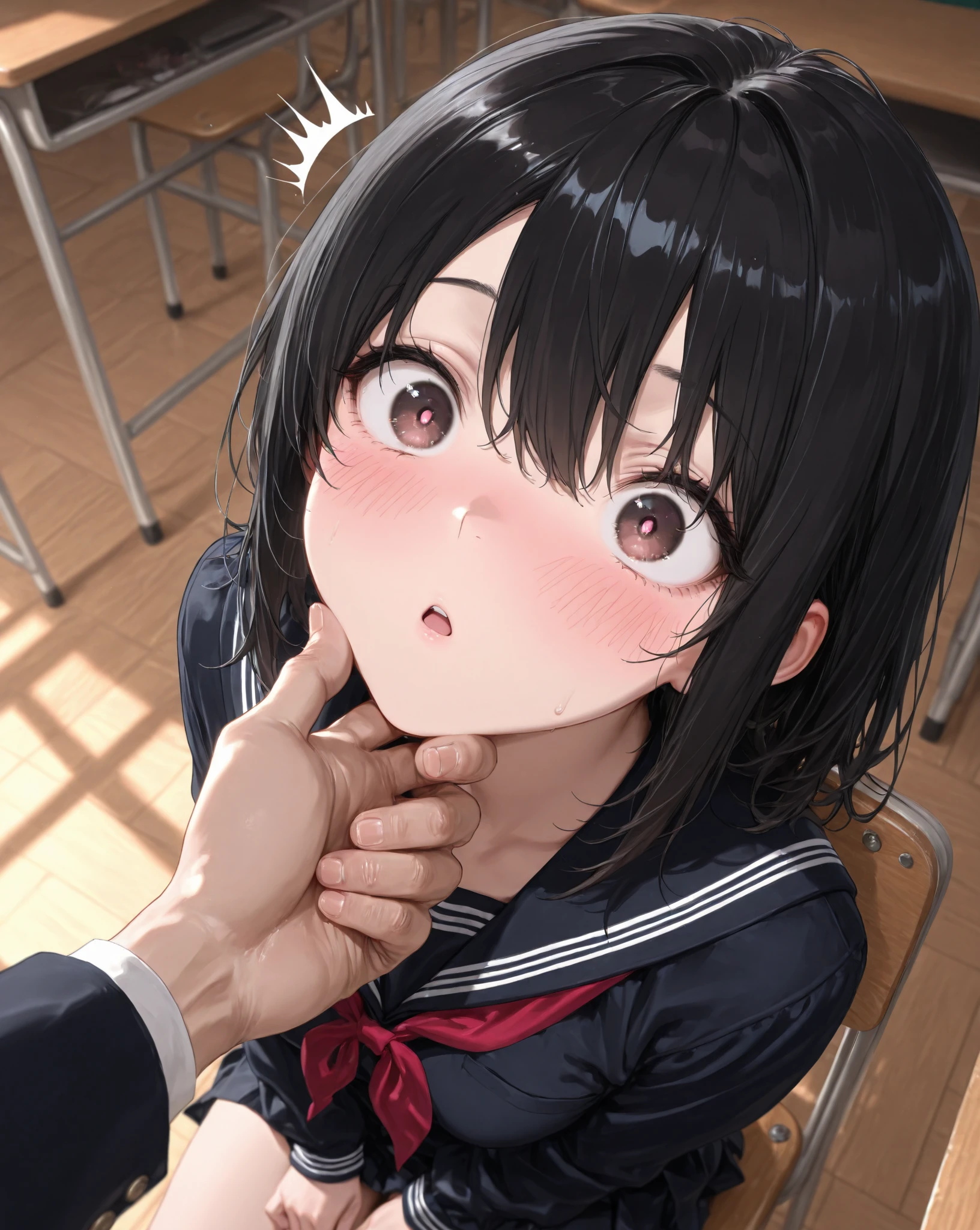 A sense of guilt、Close one eye、Tongue shot、eye shot、Sperm on hair、Massive on the face、Lots of big dicks、Dick is delicious、Suck dick、Covered in sperm、Sperm in the eye、Semen on the face、Sperm dripping from the mouth、Girl、Girl、Short、Younger、Lower school year、Baby Face、flat chest、Dynamic Angle、masterpiece、best quality、ultra-detail、School、In the classroom、Displeased、Watery eye、Embarrassed