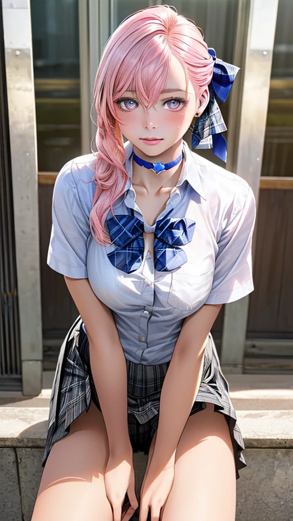 (Masterpiece, best quality, 1 girl, alone, complicated details, Chromatic aberration), realistic, ((Moderate breath)),long hair, pink hair, Red headpiece, Pink Highlights, hair on one eye,purple eyes, earring, sharp eyes, choker, Neon coat, She wears a collar, bangle, and kimono style garters., crop top, (symmetrical eyes),(Perfect symmetrical body),against the wall, Brick wall, (colorful graffiti words on the wall:1.2), The light is dim., alley ,Look at the viewer.、Dig the chest、smile、(sleeveless、Navel touch、Fitted turtleneck.)、street string hot pants、Thin bottom、Please build above the eaves..、Thin shoulders、High resolution、High resolution、in 8K、RAWphotographgraphy、Highest quality、masterpiece、Tabletop、erotic、student、Light green Bra,White skin,knees,(Skin-colored pantyhose),Detailed Panty Pattern、Panty Focus、Pink Panties、absurdes,Small face、Big Breasts、Part the front hair from the middle、The forehead is visible,(Cold look<Squinting my eyes,Glare,strong,Light anger)、masterpiece,Highest quality、超High resolution,RAWphotograph,only,Beautiful poop,one person, one personで,Dark look,Small breasts,whole body、very nice、JK ,high school girl,Japanese women,Are standing,(Realistic:1.37)、Photon Mapping,Light blue ribbon,Realistic、Cute Face,Brown eye、Black socks、22 years old、(Red bow tie)、Radio City、Physics-based only dulling、prospect、Written boundary depth、Blurred Background、photograph,girl、body,Beautiful legs, Long legs, Thin legs,Long Bob Cut,(I can see the front hair), hair, lips, green_eye, Nose Soft,(Light blue shirt), (Navy Pleated Skirt), I can see the knees,See-through clothing,, thigh, black cotton socks,Nogizaka Idol, , Japanese Ido、Sparkling eyes、Glossy lipasterpiece, highest quality:1.2), 8K, young beautiful girl, 85mm,Official AR RAW Photos, baby face、big breasts、show me your ears、photo shoot, cute face, thighs, After school classroom, looking at the viewer, embarrassing、smile、no makeup, film grain, chromatic aberration, sharp focus, face light, clear lighting, Ten