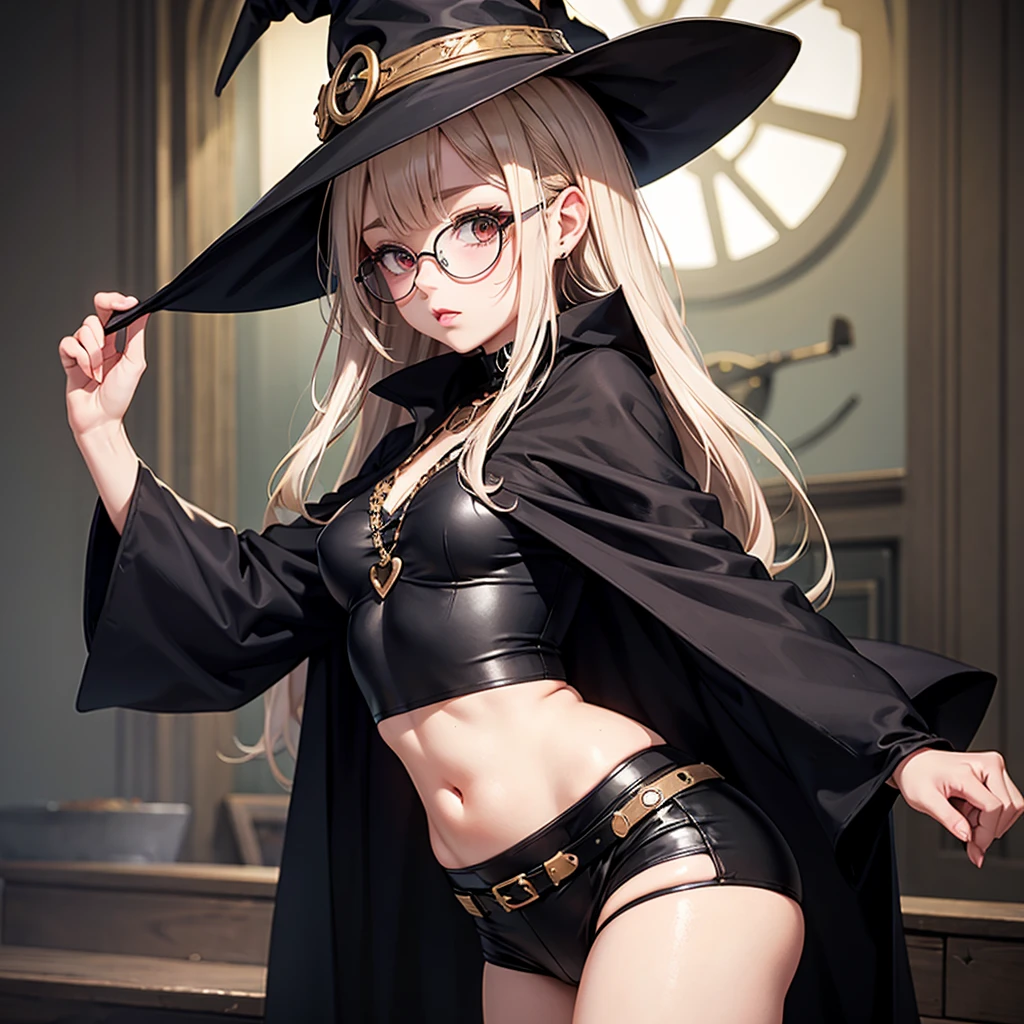 1girl, black cloak, black gloves, black panties, blonde hair, breasts, cloak, glasses, gloves, groin, half gloves, hat, hood, hooded cloak, long hair, lowleg, lowleg panties, mask, navel, orange cloak, panties, pince-nez, revealing clothes, side-tie panties, simple background, skinny, small breasts, solo, tassel hat ornament, two-tone cloak, underwear, white background, witch hat <lora:Imoco-10 kula:1>, score_9, score_8_up, score_7_up, score_6_up, score_5_up, score_4_up, BREAK source_anime, masterpiece