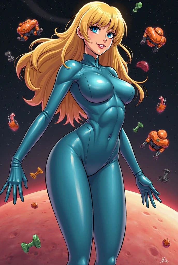 Queen Elsa, 27 years old, full body shot, Beautiful woman (((shoulder length wavy caramel blonde hair))) (bangs:1.2) defined body, Red lipstick, smiling, hands free, standing, (huge_breasts:1.1) (( pink and blue skin tight spacesuit )), on a space station orbiting earth, (curvy:1.0)