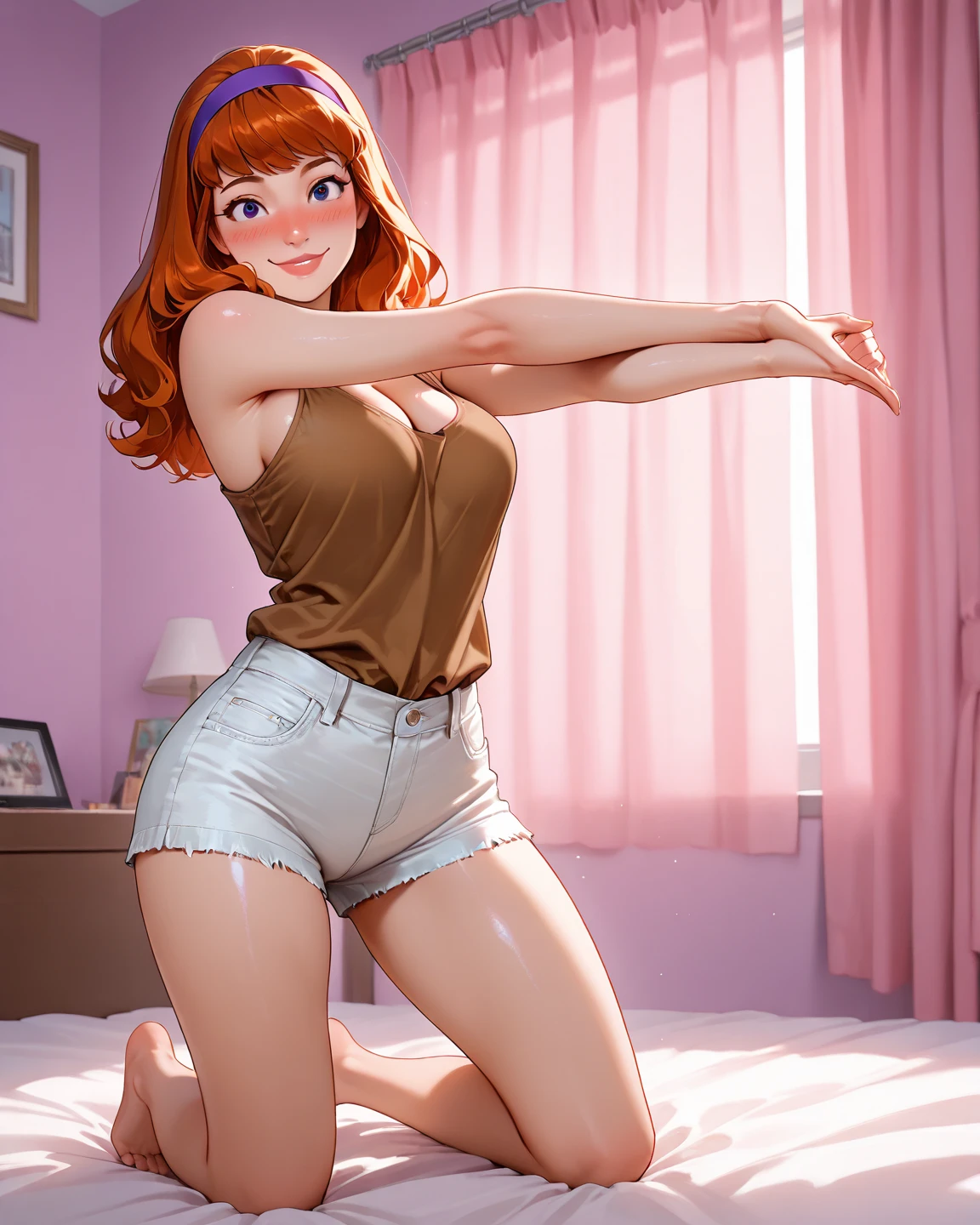 (solo), (a detailed full body RAW photo of a girl), (masterpiece:1.0), (best quality:1.4), (ultra highres:1.2), (photorealistic:1.4), 8k resolution, Canon EOS R5, 50mm, absurdres, ultra detailed, (18yo), sharp focus, cinematic lighting, detailed beautiful face, (makeup:1.2), (ulzzang-6500-v1.1), figure, detailed skin texture, pale skin, flat chest, (skinny and fit body:1.3), thigh gap, detailed brown hair, (very messy hair:1.5), (Avril Lavigne:0.7), smiling, (sports bra, no pants), realistic glistening skin, (bedroom:1), (cameltoe:1.3), (sweating:1.45), slim waist, seductive smile, solo, pussy creampie