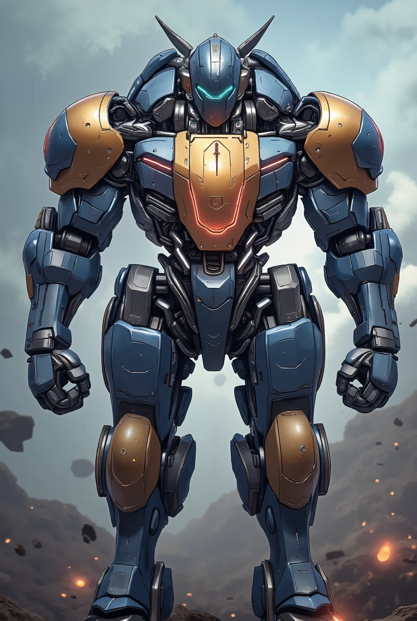 Ultra-detailed futuristic bulky full body mecha armor worn by a tall warrior, a perfect fusion of sleek cyberpunk aesthetics and ancient monster design — titanium-blue and gold plating with glowing energy veins, mechanical wings folded on the back, helmet with a sharp angular visor and illuminated eyes, intricate gear systems exposed at joints, glowing chest core like a miniature sun, environment is a misty battlefield with sparks and debris flying, cinematic lighting, hyper-realistic 4K render, anime-meets-Ironman style, dynamic standing pose, front view --v 5 --ar 4:3 --style raw