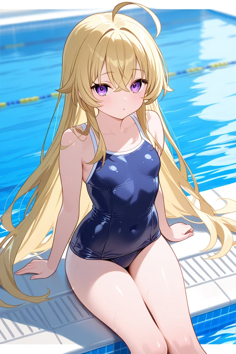 master-piece,hyper quality, hyper detailed,perfect drawing,solo, brilliant, beautiful, majestic, elegant, glittering, flower bird wind moon, fantastic, quaint, beautiful girl in one swimsuit, back figure, round and cute ass, punipuni, meaty ass, ass sticking out pose, B99W66H110, height 140cm, chubby, Voluptuous, blush, sweat, tanned skin, cheeky smile, swimming club, competitive swimsuit, one-piece type swimsuit, sober swimsuit, , legs shoulder-width apart (30cm), slightly open crotch, water dripping from the crotch, embarrassed expression, blush, moist eyes, blue sky, cumulonimbus clouds, brilliant sun, sparkling water surface, school swimsuit, competitive swimming pool, taken from the back diagonally below, bust up, thin fabric swimsuit, frontal light, forward light, sunlight, summer sky, clearface,master-piece,hyper quality, hyper detailed,perfect drawing,CG,3D,8k,illustration,beautiful face girl,hiten_1,