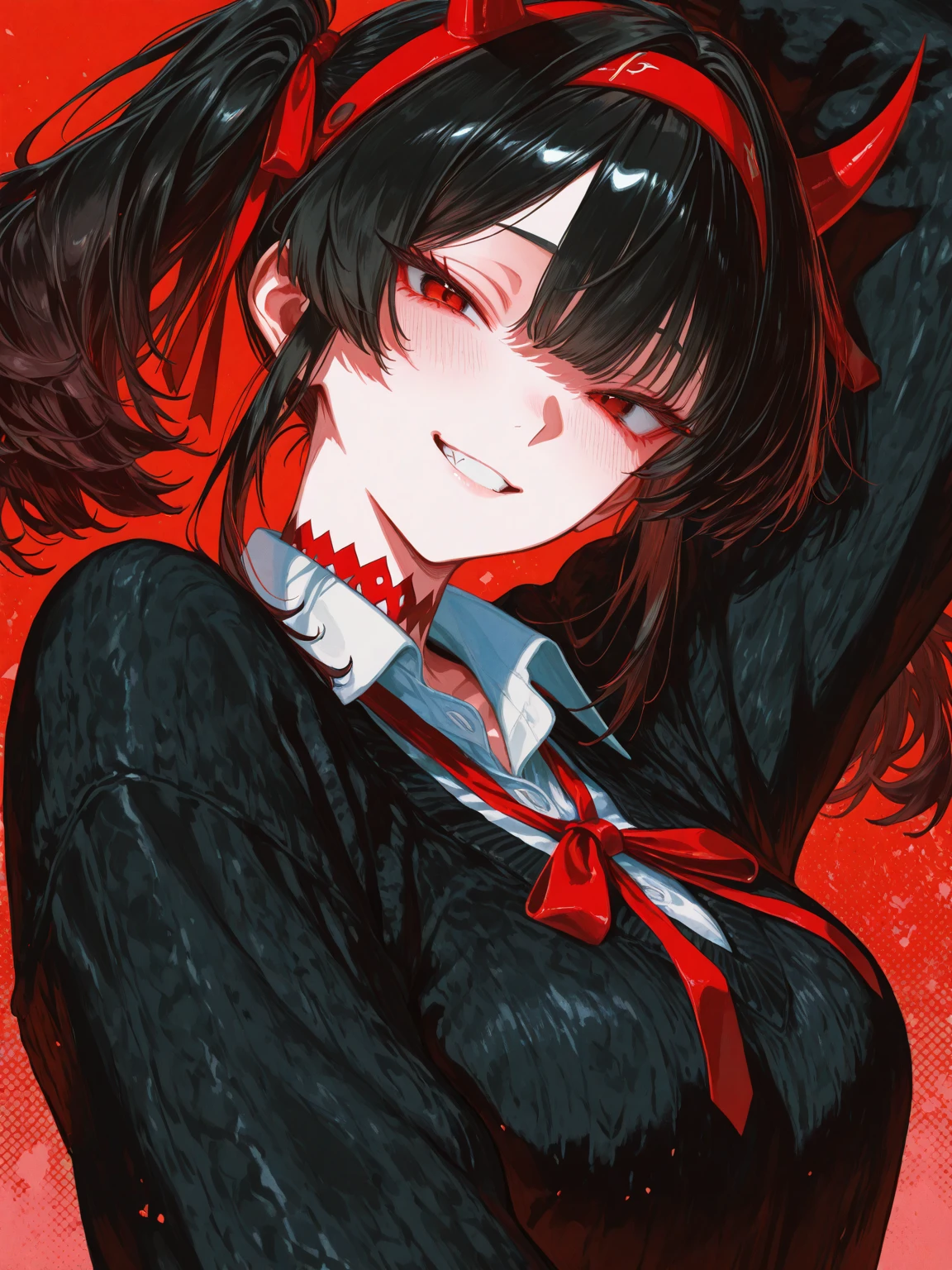(Masterpiece, Best Quality:1.2), cowboy shot, Alone, 1 girl, Tsurugi \(blue file\), evil smile, looking at the viewer, hands on own face, halo, , black seraph, black sailor collar, black pleated skirt