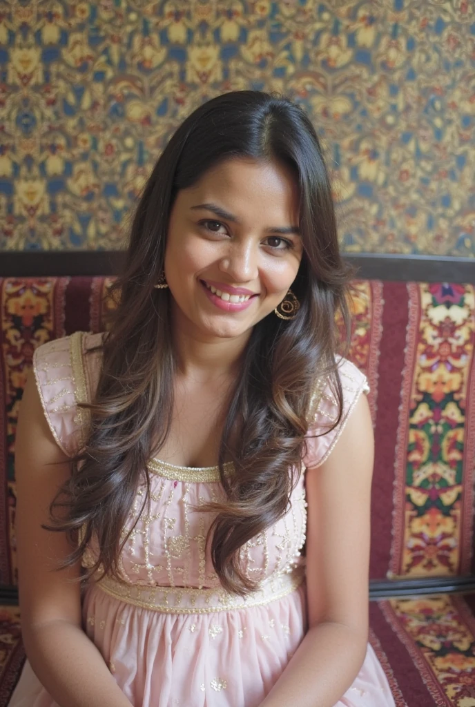 Cute brunette wearing a pink saree looking at the moon, very detailed, 30 years old, innocent face, big natural breasts, natural wave hair, blue eyes, high-res, masterpiece, best quality, intricate details, highly detailed, sharp focus, detailed skin, realistic skin texture, texture, see all body, detailed eyes, professional, 4k, charmer smile, shot on Canon, 85mm, shallow depth of field, Kodak vision colour, perfect fit body, extremely detailed, photo_\(ultra\), photorealistic, realistic, post-processing, max detail, roughness, real life, ultra-realistic, photorealism, photography, 8k UHD, photography (film grain) medium shot to close up shot happy smiling atmospheric dark lighting, wide shot, red heels, very detailed face