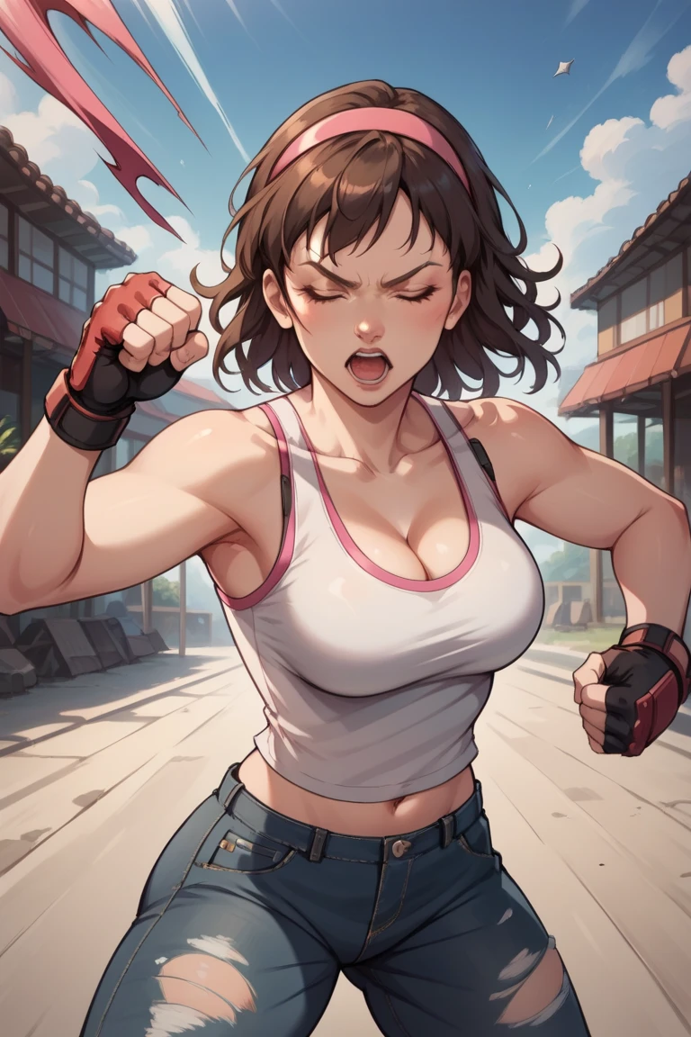 a japanese female streetfighter is beated down in the backstreet. She is glaring at the opponent. She has the will to fight. A bloodied and bruised female fighter is trying to stand from down. She has a lot of punches from the male fighter. she has big pain. she is damaged terribry. Short-cut black hair, out of breath, drooling from mouth, exhausted, drenched in sweat. Erect nipples, open finger glove, Whittled waistline, muscular, six-pack abs, Ragged tanktop, denimshorts
