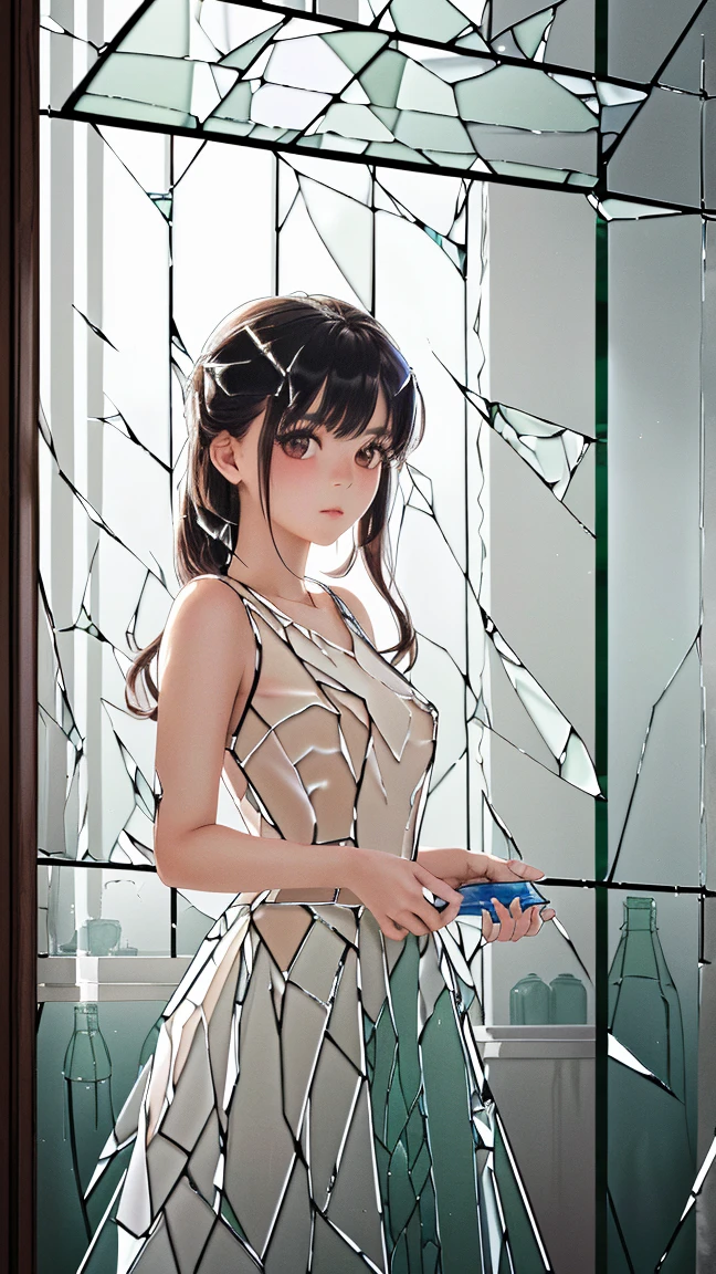 Young woman in handcuffs, anime, short floral dress with a neckline, Wedge sandals, fishnet knee high stockings, hands behind your back, full length, view from the back