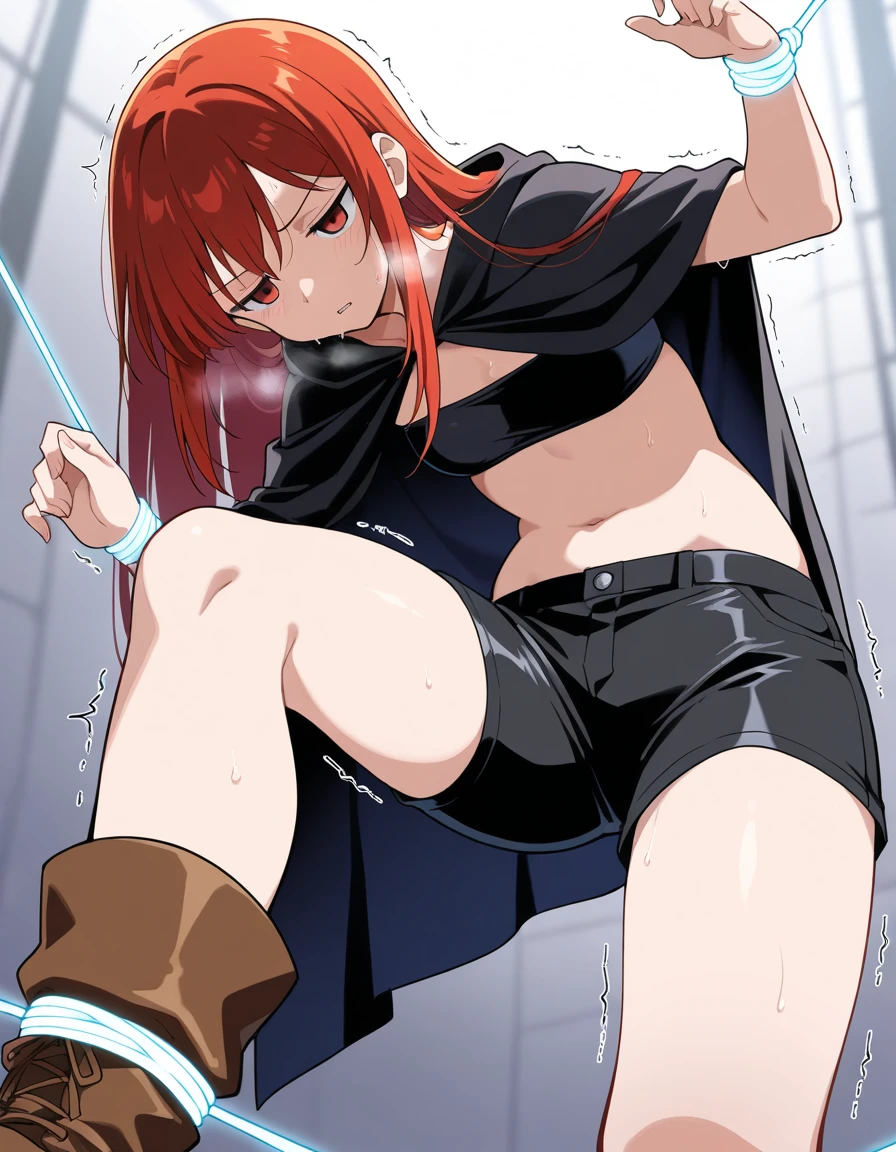 (((Highest quality)), ((masterpiece)), (detailed), prison, One person, akanechan, ((((from below:1.3)))), femdom, dominatrix, ((looking at viewer)), ((bare shoulders)), ((black bustier)), ((black stockings)), ((black g-string)), ((black high heels)), ((black garter belt)), ((black elbow gloves)), female squatting, ((evil grin)), open legs, pee, peeing, pissing, (stare at viewer with stern eyes), ((((looking down:1.4)))),
