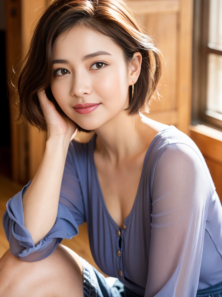 Highest quality, Realistic, Perfect Human Anatomy, Very detailed, Very delicate and beautiful, RAW Photos, Professional Lighting, illumination, Written boundary depth, Single Focus, whole body, Skinny Japanese woman, 45-year-old woman, Brown Hair, Small Head, Beautiful Eyes, True Face, Realistic skin, fine grain, (Fashionable short hairstyles: 1.3),Bust Emphasis、Sexy blue dress、(Outdoor:1.5）,China dress、Deep slit、Beautiful legs、High heels
