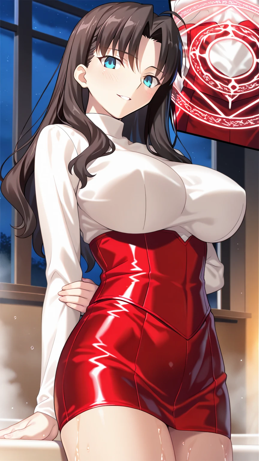 best quality, ultra-detailed, best illustration, masterpiece, high res (1girl:1.3), (large breast:1.5), closed mouth, (21 years old), ((1girl)), ((((solo))), (((alone))), (((genderbend))), (((female))), wide hips, thick thighs, narrow waist, ((shining withe glitter red tube dress)), ((in a beautiful mansion)), ((anime artstyle)), long eyelashes, ((long black hair)), (((at night))), (red lipstick), (black eyeshadow), (in the dark)