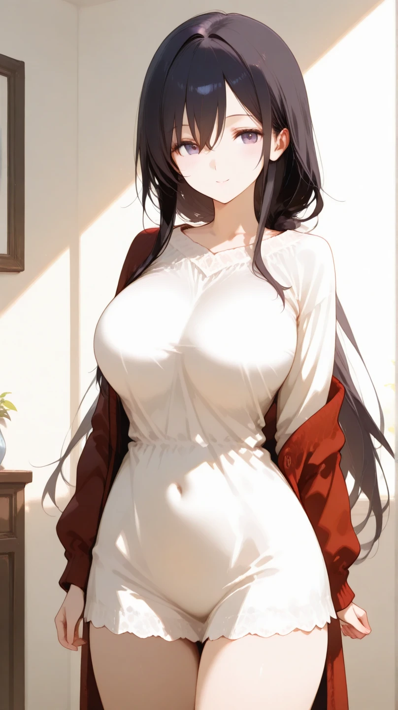 (masterpiece, high quality:1.4), break,White skin、
One Girl, Teen, alone, (Large Breasts:1.2),(Semi-long hair:1.2), Black Hair、bangs、short hair、Hairstyle like a man、Tight waist, Brown eyes, break、Grey maxi dress、The whole body is visible、smile