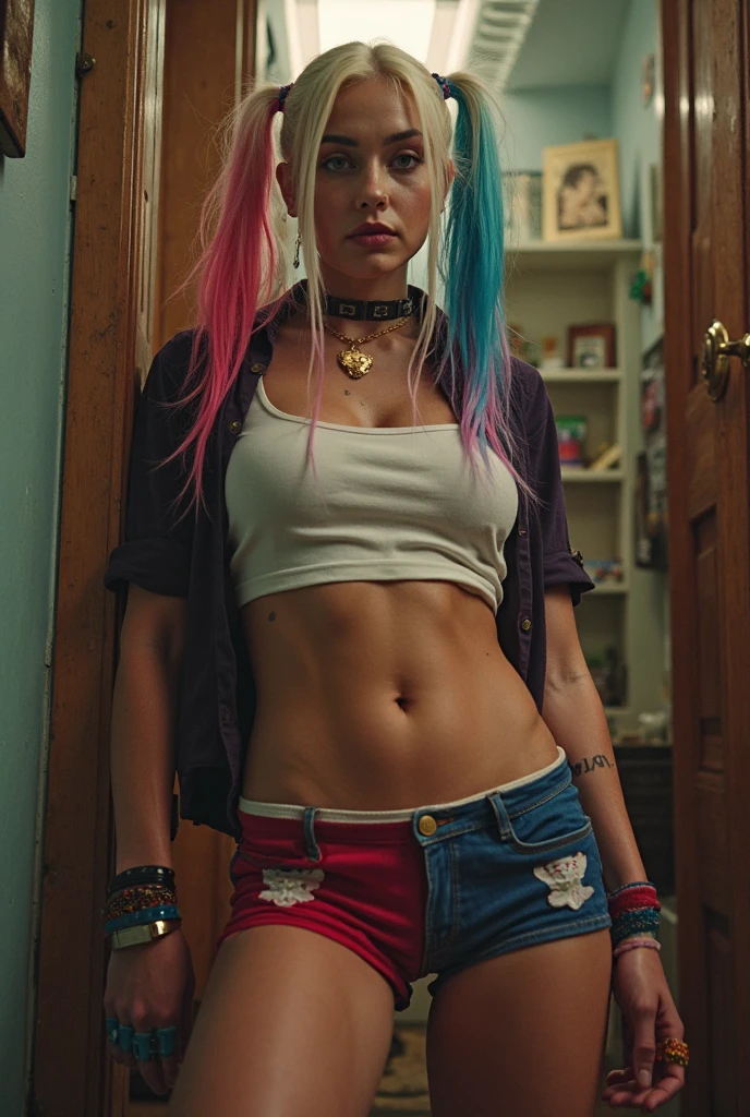 very young Harley Quinn wearing from Suicide Squad wearing ripped clothes, garter belt, miniskirt, leather choker, laying on bed with legs wide open, about to have sex, ((showing panties)), teen, angry face looking at viewer, (legs open), viewed from above, her body covered in viscous white semen, sweaty, knees spread apart, legs spread, handcuffed with hands bounded tight above head, full image body, (((upskirt))), ((hands above head, handcuffs)), ((upskirt)), legs raised, ((handcuffed in the headboard)), tight body