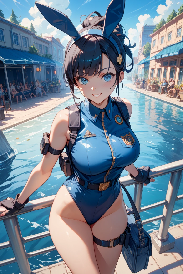 1 girl、Beautiful female officer of the Earth Federation Forces.、short black hair、idol class cuteness、baby face、Connect operator intercom to head、Precisely drawn face、Thin but big breasts.、healthy thigh type Earth Federation Forces uniform、up to the knee、Inside the bridge of a battleship、anatomically correct、precise fingers、exact master piece、Photorealize