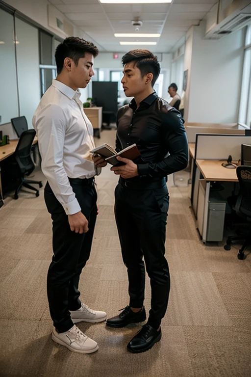 inside a police office with computer, two male smiling and holding each other shoulder standing, there is a gun on the table, (open shirt) sexy , eroticism