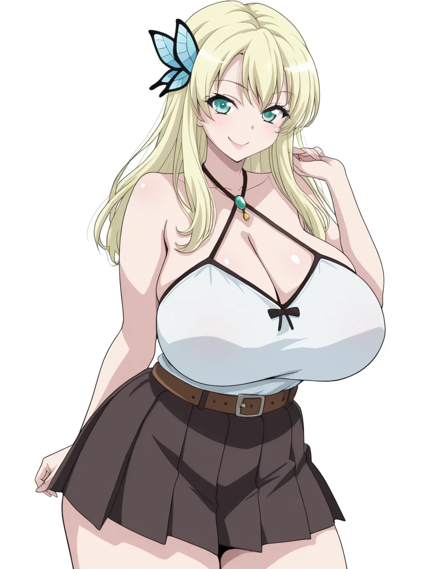 A tall beautiful girl with huge chest, wavy yellow hair, long green square eyes, dresses in a shirt with white buttons, a knot, unbuttoned, shows her navel and her long green skirt.