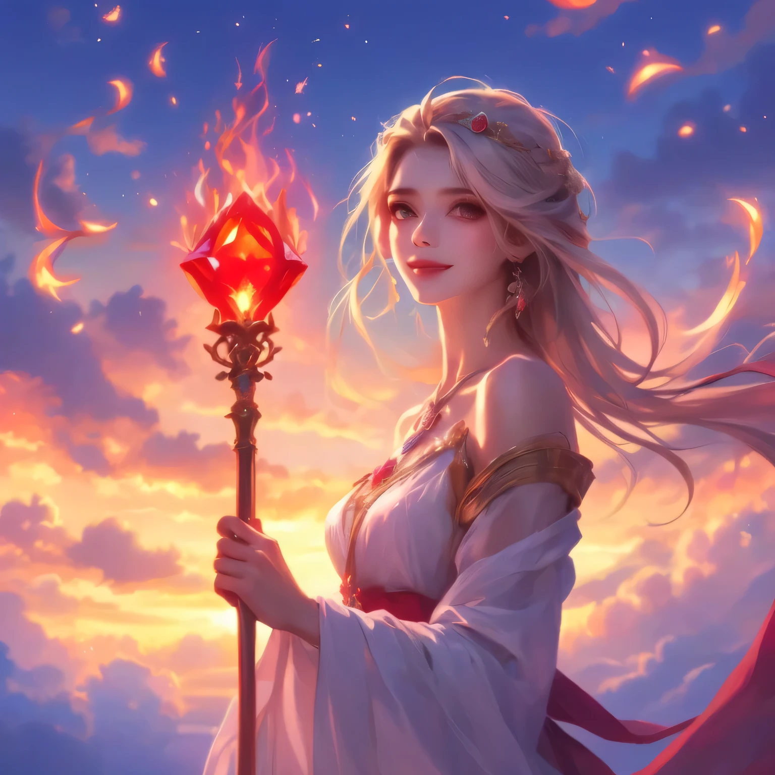 (masterpiece, best quality, High Quality, high resolution, Super Detailed), The smiling goddess looks at me and there are fire spirits with red jewel rods dancing in the twilight sky
fantasy、