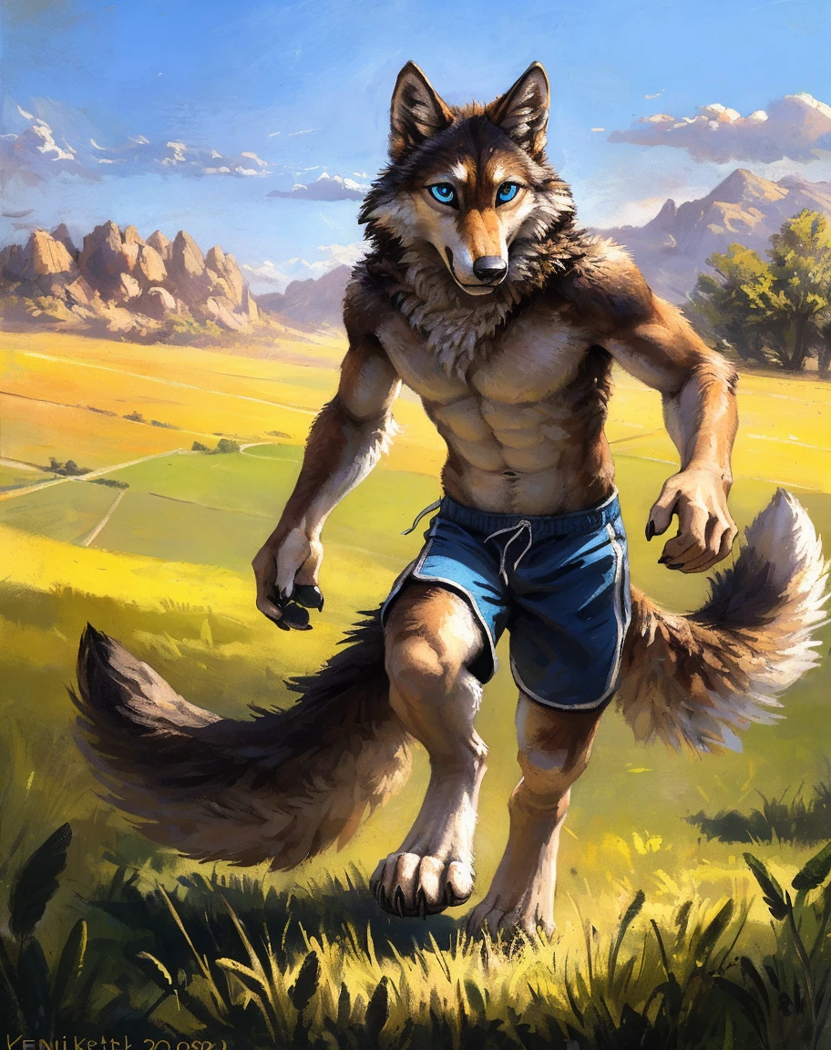 ((Solo)), male people, anthro wolf, (Multi-colored fur, White-brown:1.3，White tail pointed), (Height 2.1m,Tail length 1.2m), ((Wolf face, Big eyes, White eyelids, Blue pupil, Slim:1.2) (Tough, Calm expression:1.2)), Abs, Slim, pinging)), (Correct anatomy), (Work shorts:1.1), The upper body  naked, (detailed outfits),A long big tail，Feet，(Realistic fur, Detailed fur texture, labeled:1.3)), (Natural lighting), Photorealistic, Hyperrealistic, ultradetailed, by Kenket，Field，erect through，Running on