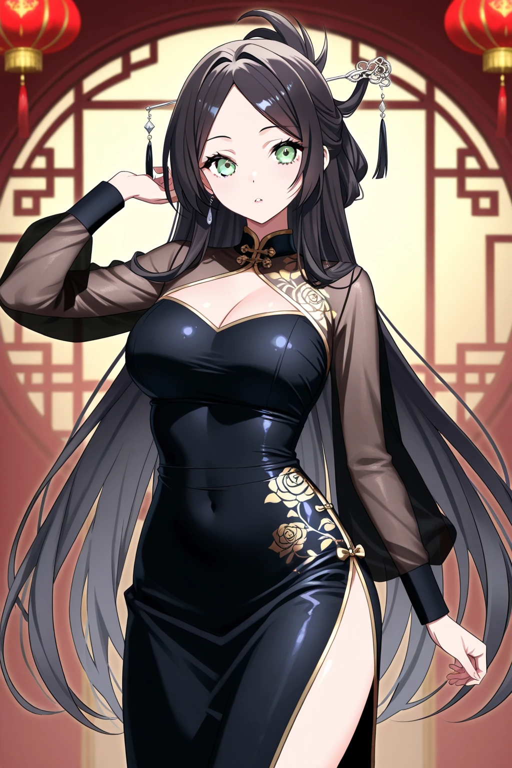 absurd res, high res, (masterpiece:1.4), ultra-detailed, 1girl, from above, space, floating, Chinese dress, black dress, stockings, black hair, golden eyes