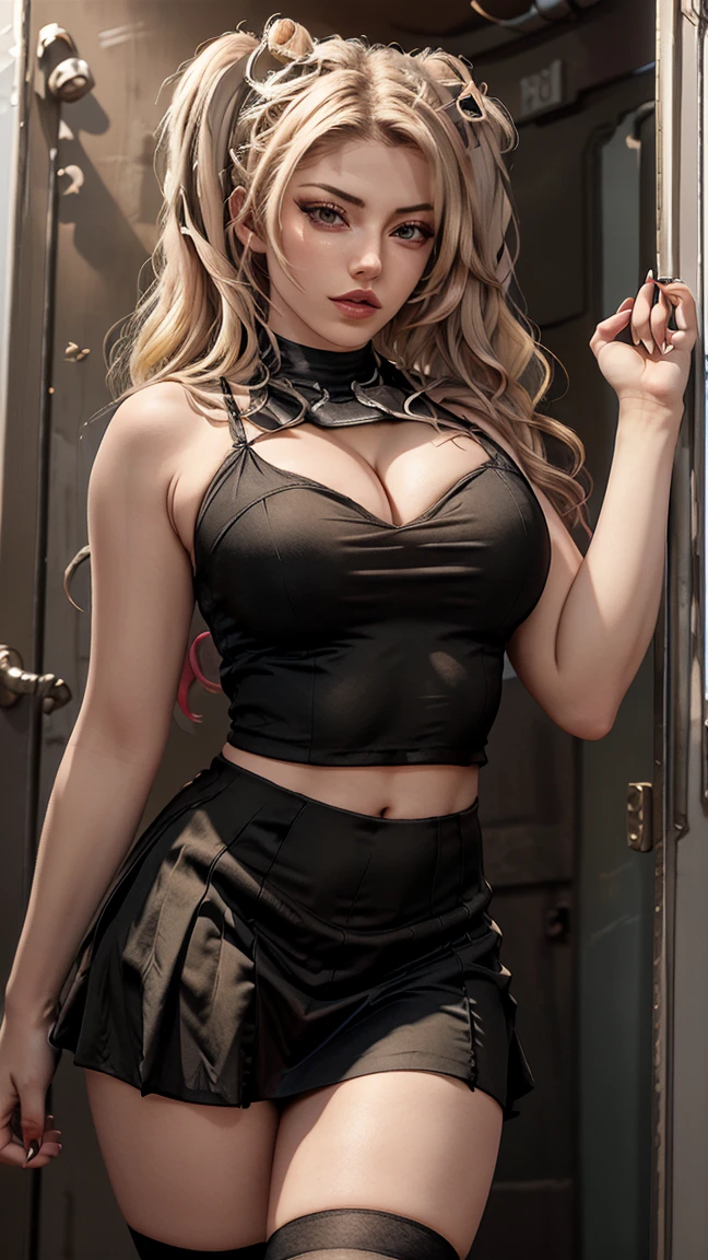 ((Masterpiece, best quality,edgQuality)),smirk,smug,bimbo,
edgKM, a woman in a black dress with a chain belt ,wearing edgKM
<lora:edgMoss:1>