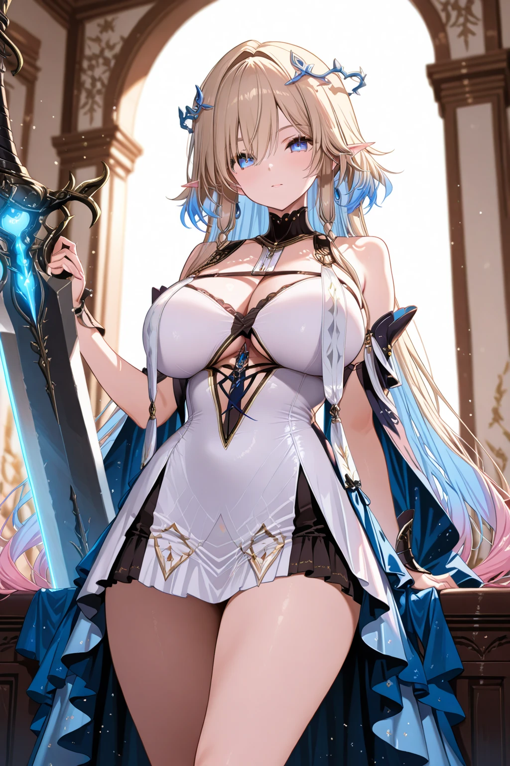 ((Highest quality、、masterpiece:1.3)), Upper Body、Long legs、Sharp focus:1.2, Beautiful woman with perfect figure:1.4、((Big Breasts:1.2)), (Big Breasts、Soft looking big ass、Feminine body 、Smiling:1.2), Face and skin texture crafted to the smallest detail、Fine-grained、double eyelid、25-year-old female、sexly、((((Cosplay、Isekai background、Fantasy、A world of swords and magic、Brave))))