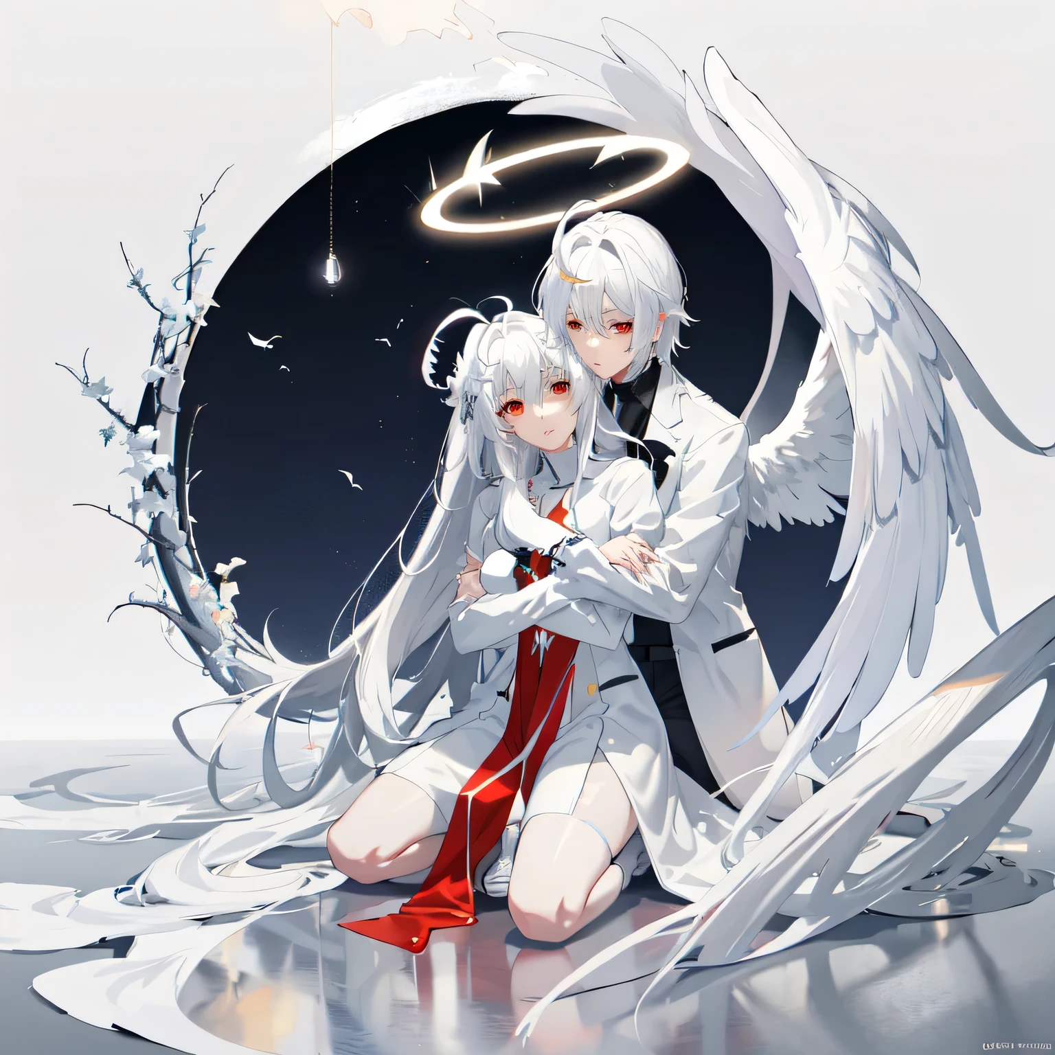 anime couple hugging and kissing ,  Long red scarf  ,Man in formal attire wearing a white and platinum lab coat on top Male,Red Eyes, cabello largo color platino anime angel con alas y un halo por encima de la cabeza, Anime wallpapers , bíblico preciso angel , angelic, ,  glowing angelic being  , an angel, angelical, hd Anime wallpapers , night, angel,  ascension ,   big shiny white wings  , , angelic and disturbing  , The lilies, ethereal anime, angelic angel alas de angel, white-haired deity,   glowing angelic being  , Angelic halo, sacred halo, Un angel,   snowy anime background   ,  pixiv winner  , el angel de la muerte con un halo, Anime wallpapers, angelic and disturbing,  orange halo around his head ,  ray of light through white hair, bright halo above his head,Man in formal attire wearing a white and platinum lab coat on top Male,Red Eyes, cabello largo color platino anime angel con alas y un halo por encima de la cabeza, Anime wallpapers , bíblico preciso angel , angelic, angel  glowing angelic being  ,  angel, angelical,  Anime wallpapers , night, angel,  ascension ,   big shiny white wings  , , angelic and disturbing  , The lilies, ethereal anime, angelic halo con alas de angel, white-haired deity,   glowing angelic being  , Angelic halo, sacred halo, Un angel, ,  orange halo around his head ,  ray of light through white hair, bright halo above his head, ANGEL HALO white and shiny platinum , masterpiece,  angry face, Red Eyes, Calcium light, swirling wind, snowy background ,  ANGEL HALO white and shiny platinum , masterpiece, angry face, Red Eyes, Calcium light, swirling wind, snowy background ,  lab coat color white and platinum formal outfit platinum color formal attire complex snowy background 
