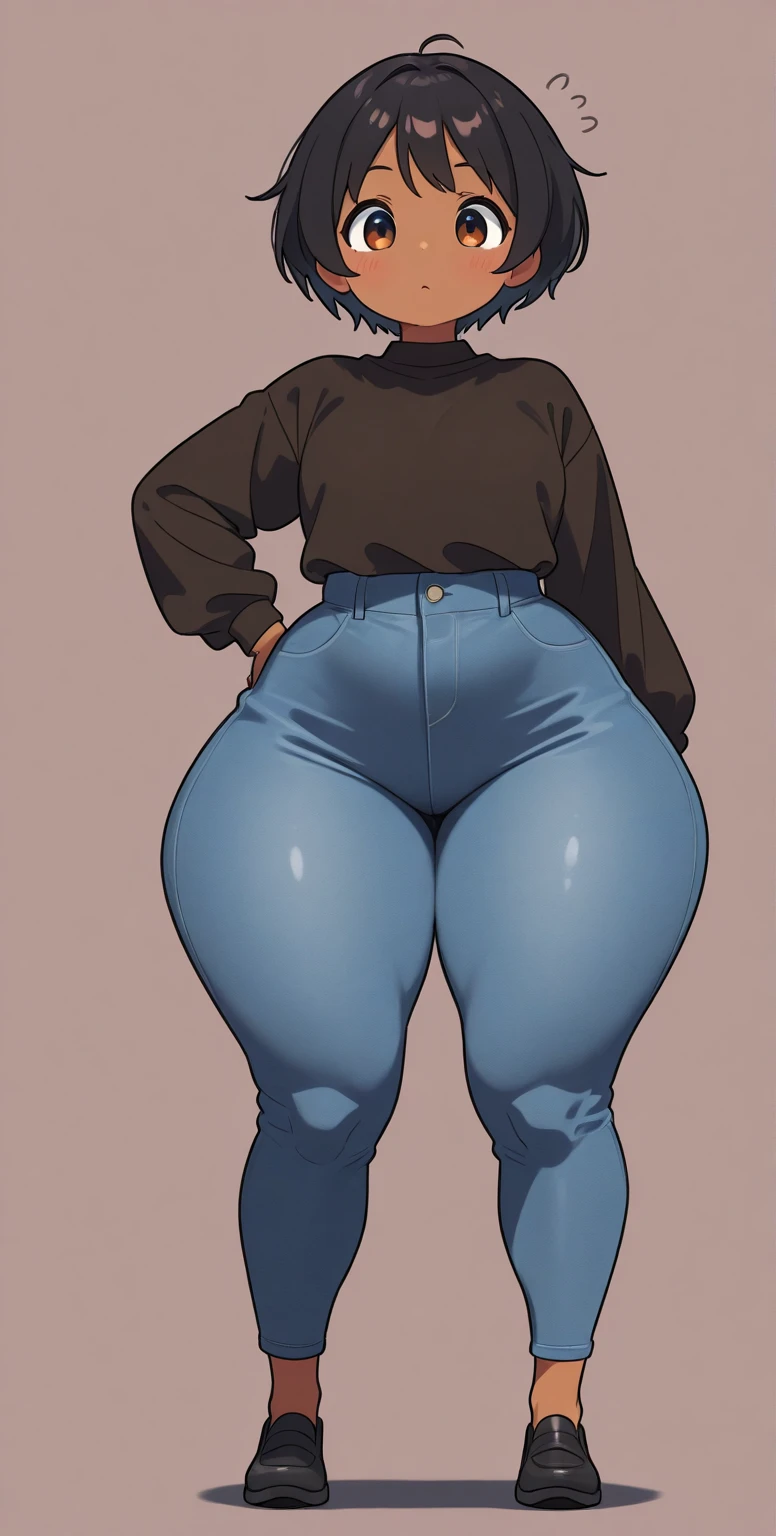 an adult woman, gordibuena, some wrinkles on the face, medium brown hair, yellow eyes, big breasts, wide waist, with markets, fat butt, thick thighs, low height, a wide beige sweater, jeans ripped butt pants, Semen, full body view, front body view, White background 