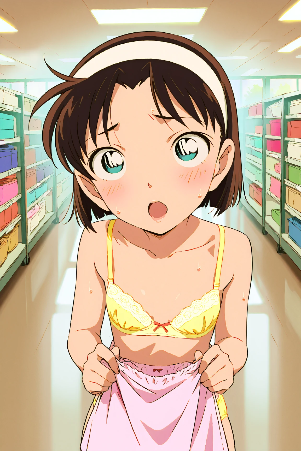 shirtlift, no bra, mami futami, sad eyebrows, looking at viewer, smile