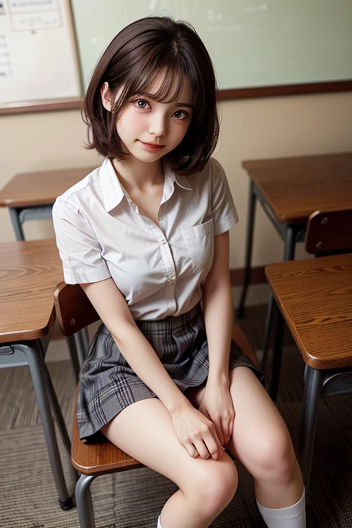Top quality、Excellent detail、Extremely detailed depiction、(Raw photo:1.2)、Delicate skin、Ultra-high resolution、(Photorealistic、live-action:1.2)、Bright lighting、(Cute Japanese women)、(Baby Face、A seductive smile、Tongue sticking out a little)、(short hair、School uniforms、skirt、The chest is large:1.4)、(looking at the camera:1.2)、(Sitting:1.1)、(Spread legs、I can see your cute panties、Leg focus:1.5)、Perfect Anatomy、Full body shot