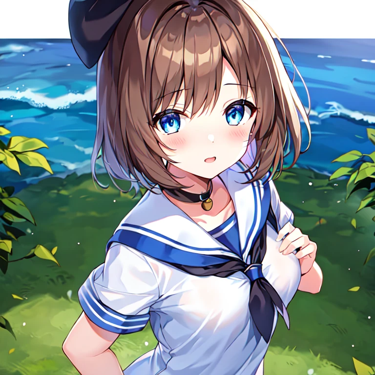 (Highest quality, 8k, 32K, masterpiece, Ultra-high resolution,:1.2),to be born,一人のgirl,very cute , Fantasy Background, clear, Shining Eyes, Age 25 ,Fair skin, girl , Slanted Eyes, , An innocent smile, Grin, Large Breasts, Sailor suit, mini skirt,Brown Hair, short hair, Pause