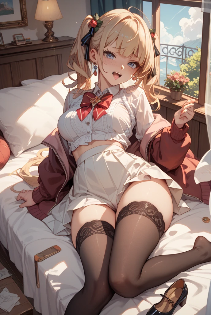 A 16-year-old girl from Japan with a slender body、独奏、Full body view from head to toe、small tits、Brown hair、long disheveled hair、blushing look、Puzzled look、Excited look、Sweating、Upward expression、Composition from the front、Black pantyhose、(Black_pantyhose):1.2)、black pantyhose，cleanness，stockings，blackstockings、tiptoes、White fancy underwear、(white  panties:1.3)、(White bra:1.3)、No shoes、Black High Heels、Squatting Pose、M-shaped legs、are open、Pose standing on your own feet、Pose lying on bed、(Knelt:1.3)、(back arms:1.2)、shackle、shibari、ropes、Bind、japanese hight school uniform、Plaid pleated skirt、White open collar shirt、Suit、pencil skirts、Bedrooms、inside in room、during daytime