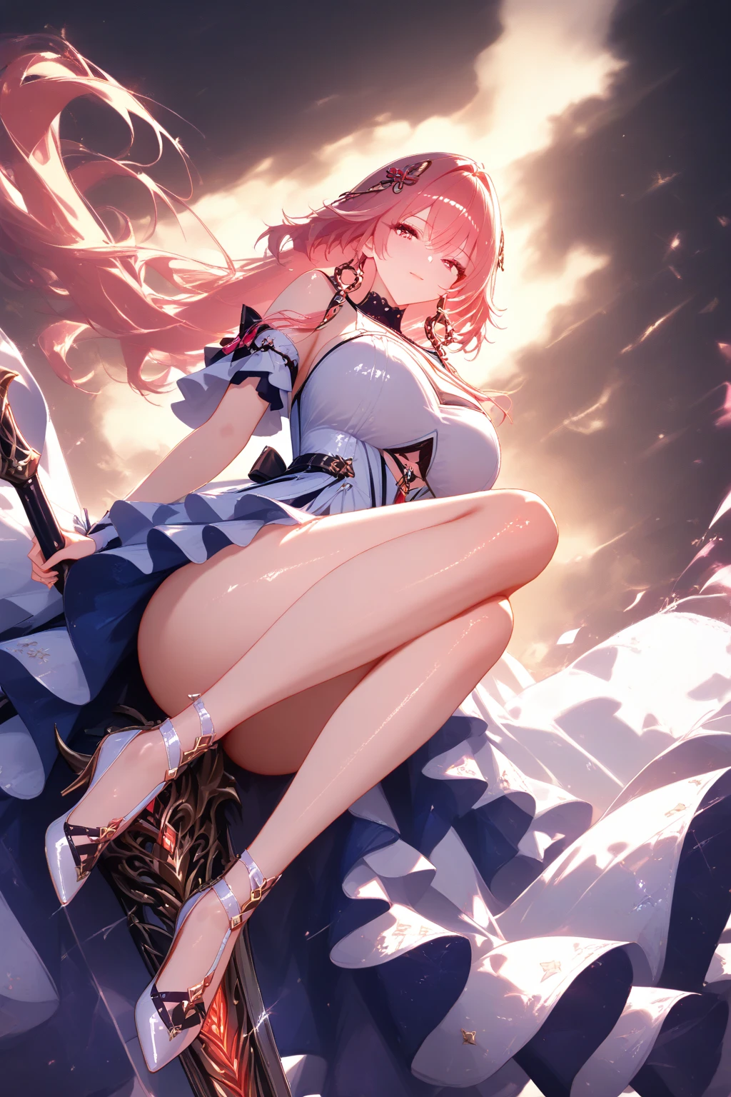 (glitters:0.9), (Sparkle:0.9), (Shine:0.9), (Best quality), (Masterpiece:1.2), (Anime style),Extremely colorful，Colorful，Beautiful and delicate face and hair，Complete body，((Red ponytail))，Princess dress，Lace，folds，Ruffles， White stockings Long leguffin shoes，Seductive pose，Luxurious bedroom，the night,big breasts