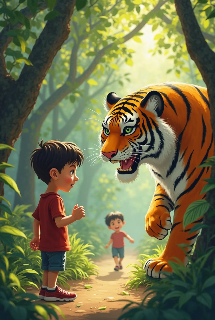 Ali asking for friendship: Ali, still curious, asks the tiger if they can be friends. The tiger smiles warmly, showing its willingness to befriend the boy.