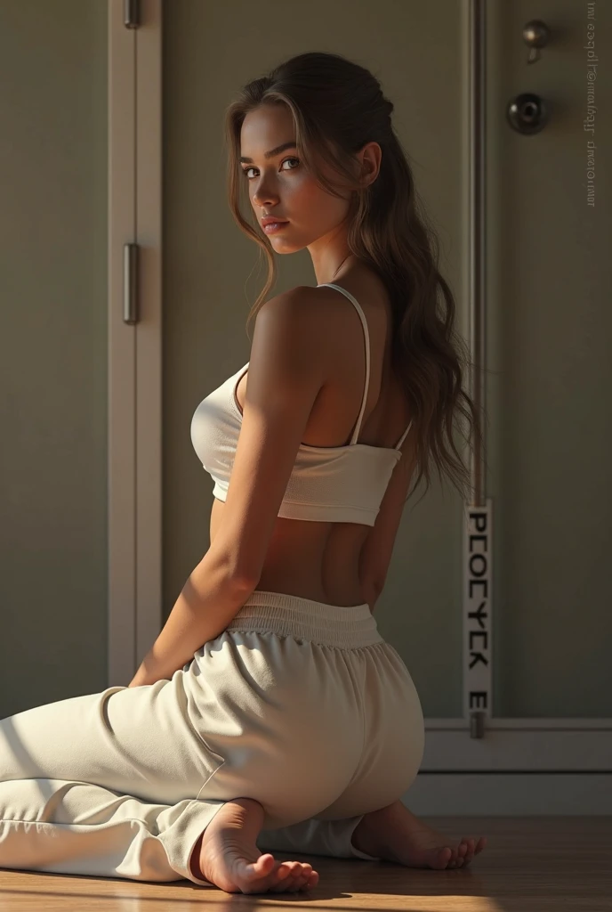 4k highly detailed realistic ((full body including legs)) photo of beautiful 18 year old Anglo-Saxon sweaty girl with ((sharp jawline)) and perky tits, in wet clothes standing by the bedroom window in a tall building with white walls in a wet sports bra with a deep neckline --auto --s2
