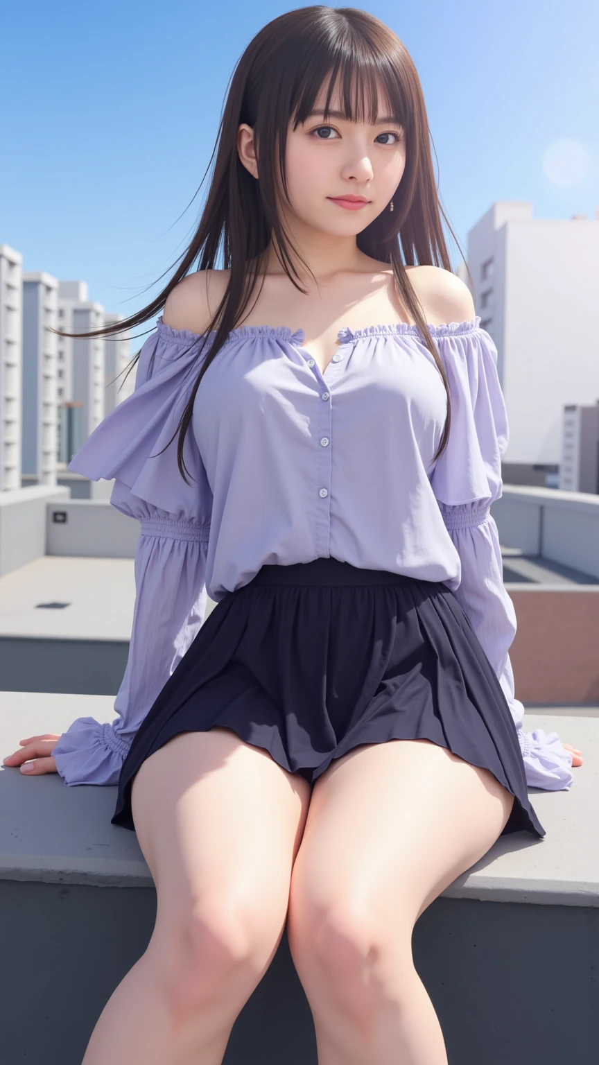 professional photo of 1 girl, full body photo, masterpiece、photoRealistic, intricate-detail、Raw foto、perfect skin, radiant skin, white skin, natural makeup, Trending in art stations, 16K, Masterpiece、1girl 40 years old, dark black hair color, ((long length straight hair)), beautiful face, real face, better eyes, face and skin, small nose, sweet girl, jaw dropping beauty, smiling with dimples, white teeth, curly hair, blue eyes, beautiful eyes, seductive smile, full lips, curvy girl, gorgeous girl ,London boulevard view, purple skirt with floral details, designer skirt, boots, seductive smile, in Madrid,