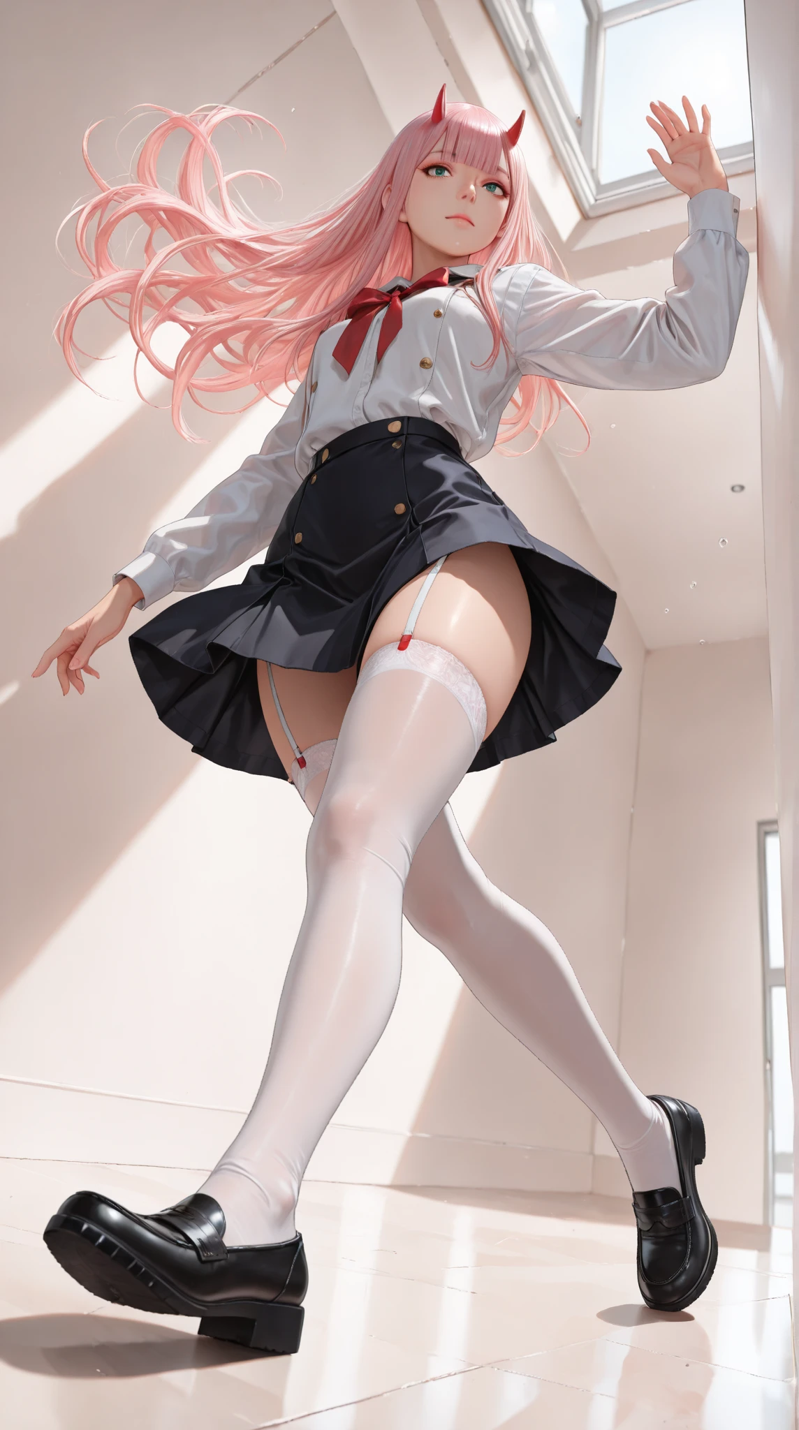 (BESTquality:1.2),(Super Resolution),(1 person),(Cute Women),Jumping from a high place,(Angle from directly below:1.2),(Frilled Skirt:1.2),(Skirt lift:1.2)(Full body:1.2),(Petite body:1.2),(Tattoo on the inside of the thigh:1.2),(High twin tail hair:1.2),(garter belt),(Pink Panties:1.2),(｛　Marie Rose:1.5　｝),(Pink hair:1.2),(Shiny knee socks:1.2),(Jump in a dynamic pose with your knees wide apart:1.2),(Belly button exposed:1.2),((Jumping in M-legs pose)),Hot nights、(garden),(Shy smile),(Hot and profuse sweat),(Slim body:1.2),(Beautiful ass model:1.2),(lowangle:1.3),(Riding an invisible horse:1.3),(ランジェリー with a big hole in them),(pubic:1.3)
