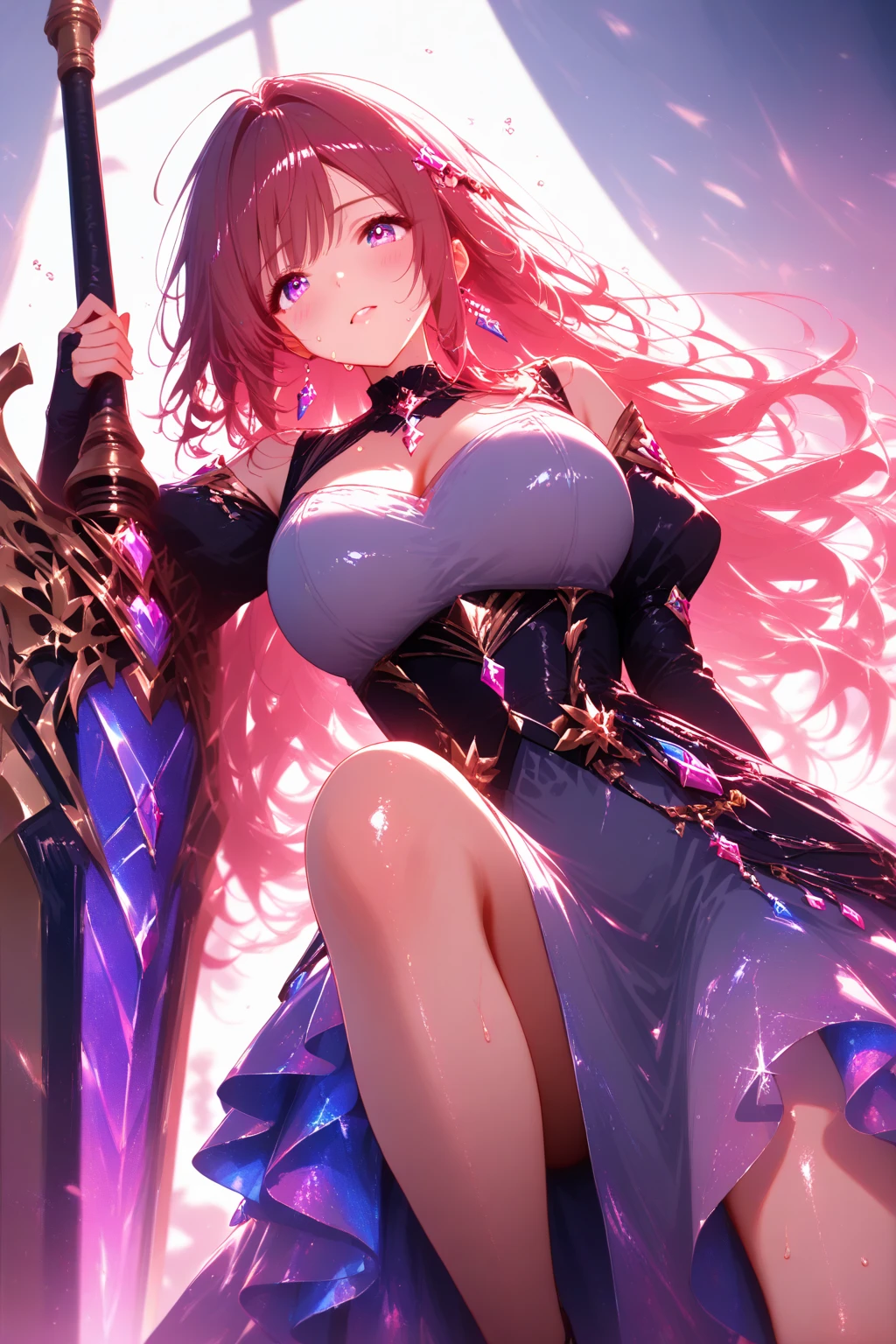 seraphine1, league of legends, pink hair, cleavage, digital illustration, vibrant colors, soft lighting, glowing effects, perfect face, glowing effects, absurdres, ultrasharp, 8K, long hair, black long dress, long veil, necromancer, purple effects, puffy dress, princess