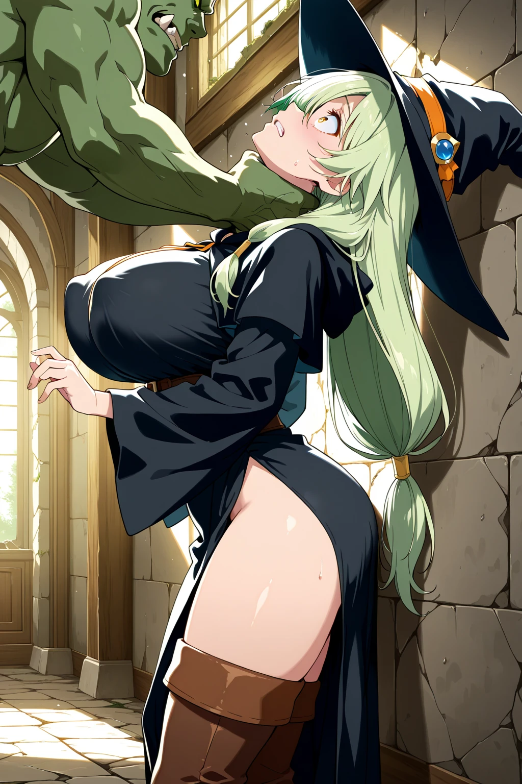 She is an arrogant person, Mean, slutty，Beautiful mature lesbian，Wear an ultra-high-end sexy skinny leather jacket，Extreme lewd bitch style。Her whole body wrapped tightly around it。，The result is a compact and eye-catching picture。She has white and green hair，Long white-green hair，Diagonal bangs are particularly long，Completely covered her eyes, No one can see it，It gives a mysterious feeling。 The curves of her body are very beautiful and advanced，Perfectly displayed under the uniform of a bitch。Especially her elegant mature ass is wider than her shoulders，It gives an irresistible appeal。The whole body of a plump mature woman like a saint is wrapped in a white-green substance，Able to cling to her skin，Highlight her charming curves。The main body color is pure white，It symbolizes the path of depravity and obscenity，Harmonizes with the robes that female dogs usually wear。 Skinny leather cuffs、The green trim at the neckline and hem adds a touch of vitality and dynamism to the whole，It breathes a touch of life into the bitch's clothes。This skinny leather jacket fits perfectly，It can highlight the contours and graceful lines of the sexy body，