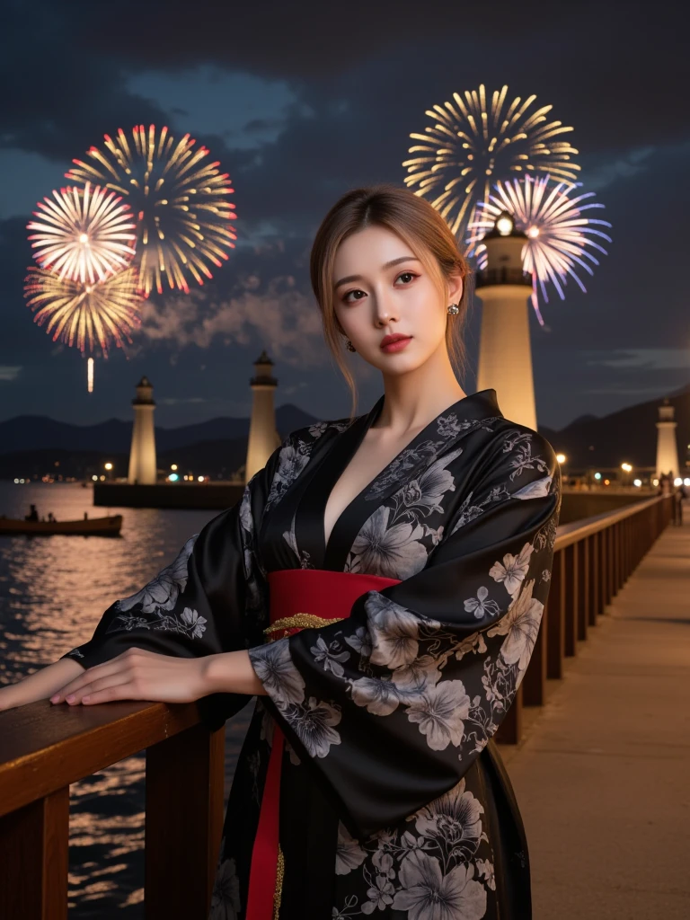 Long Black Hair、Gorgeous kimono、tall、Good looking、summer night、Starry Sky、firework