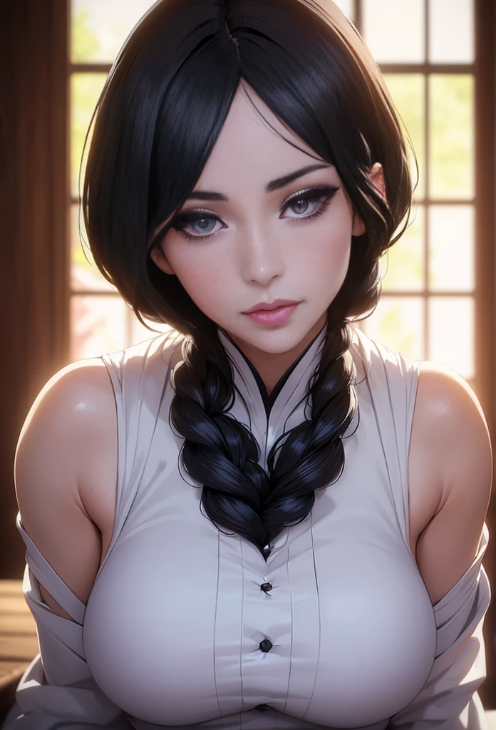 (masterpiece), best quality, expressive eyes, Goddess woman, 35 years, colored inner hair, ponytail,cowboy shot, bokeh, from behind, satisfied face, closed eyes, close-up, from above the mouth down, seductive look, black sleeveless shirt, erotic, white belt, red lips, saliva