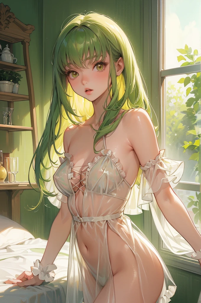 masterpiece、Highest quality、High resolution、Official artwork、Long Hair、Green Eyes、Glowing Skin、Light background、Topic Emphasis、Soft and natural lighting、Creating a dreamy and magical atmosphere。Daytime bedroom、hair ornaments、鬠红、Closed lip makeup、lipstick、(Heavy makeup),((Beautiful breasts、tall、Slender body、Small breasts))、High Leg,White Bikini、Strapless Bikini、Kneeling on the sheets、