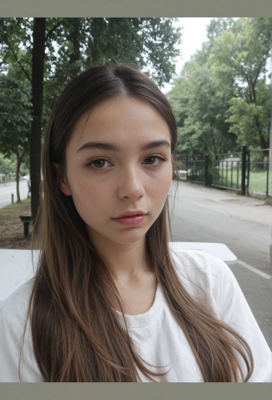 Selfie, Ultrarealistic, pretty face, pale skin, dark brown hair, wearing a pink top, (selfy with front camera), upper body, at park