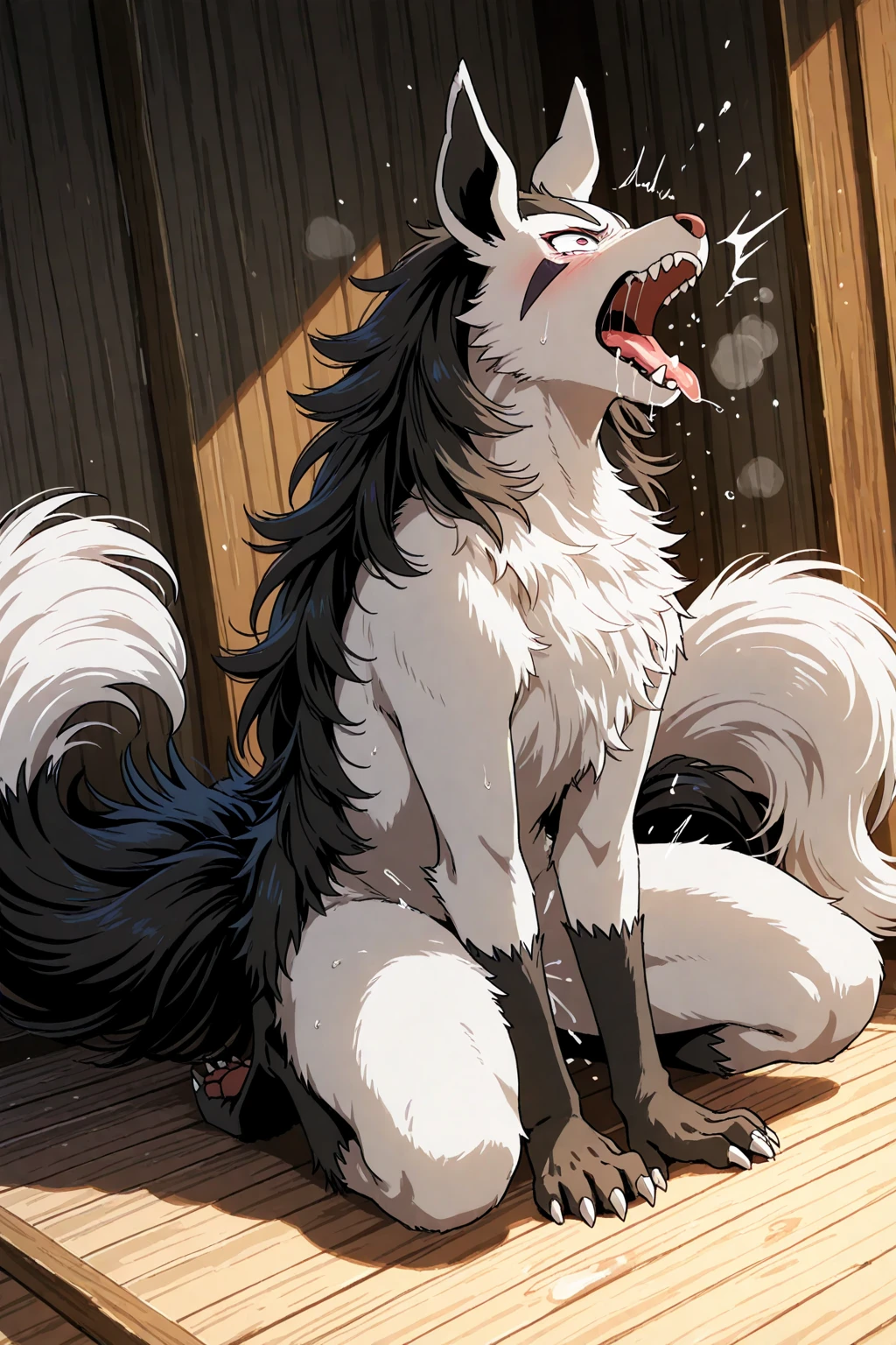 (( Furry、Straddling、erection、ejaculation、)),(((激しい、Ejaculating Semen、))) naked, , Little dog boy , Long muzzle、Mouth gag、( Green glowing eyes、Ahegao、I am going to cry、angry eyes), fluffy white fur, Fluffy black fur、 Fine hand,  ((((Cowgirl、))))From the side of the gaze、