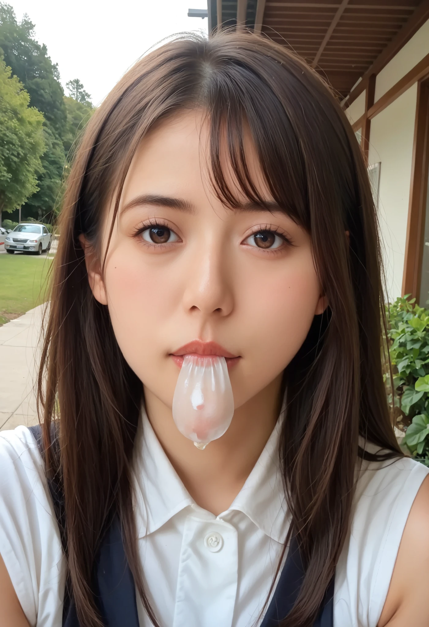 score_9,score_8_up,score_7_up,best,quality,ultra detailed,absolutely resolution,1 teenager girl,Black hair,short ponytail hair+forehead,large breasts,cheerleader+cleavage,erection of nipple,collar,(open mouth+out tongue:1.2),(((excessive bukkake+excessive cum+cum in mouth+cum in hair+cum facial+cum on body))),(Smile+happy),from above,upper body,looking at viewer,Restroom